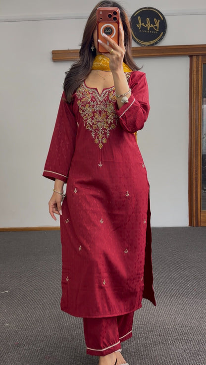 Crimson red kurti set with zari floral neckline embroidery and mustard embroidered dupatta — Behuli Australia — view 4