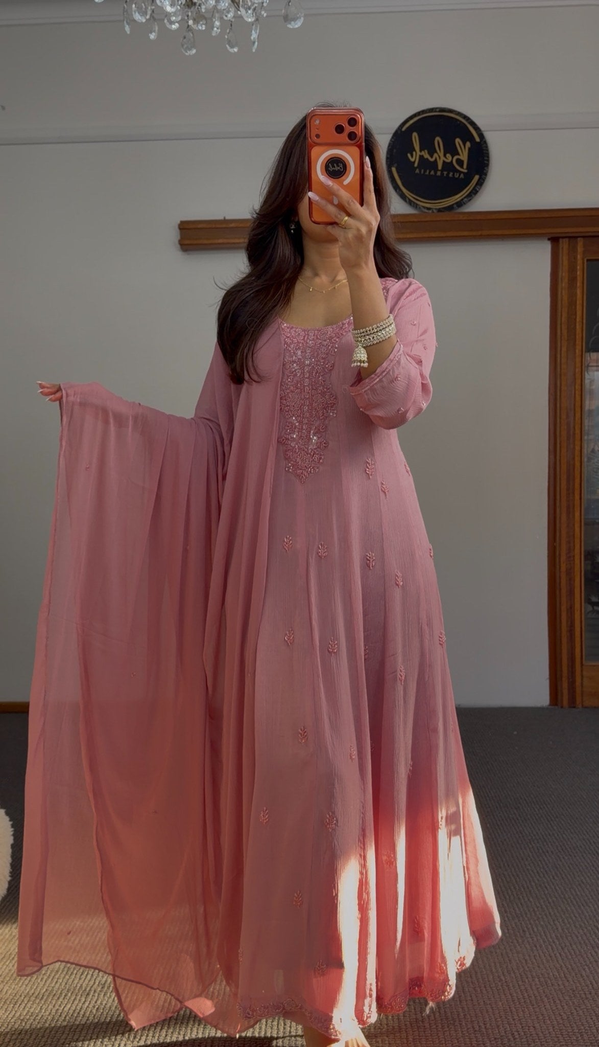 Dusty rose Anarkali gown with floral embroidered motifs, embellished neckline and matching sheer dupatta — Behuli Australia