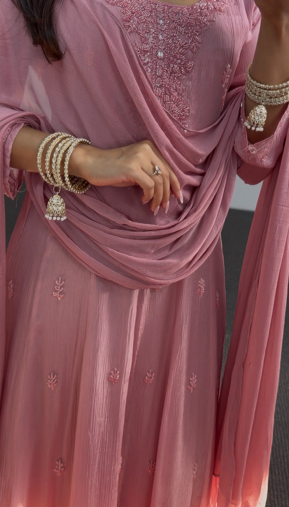 Dusty rose Anarkali gown with floral embroidered motifs, embellished neckline and matching sheer dupatta — Behuli Australia — view 2