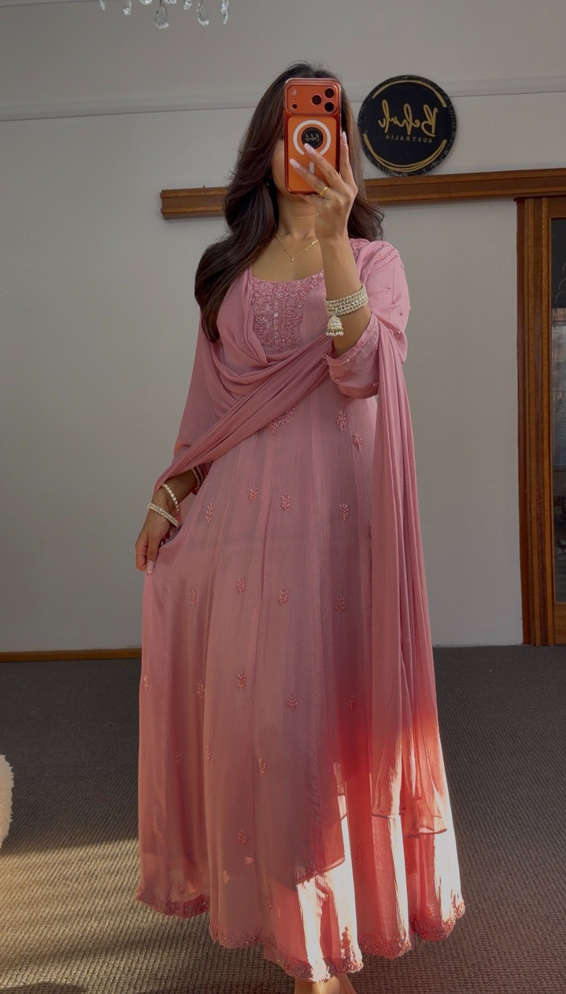 Dusty rose Anarkali gown with floral embroidered motifs, embellished neckline and matching sheer dupatta — Behuli Australia — view 3