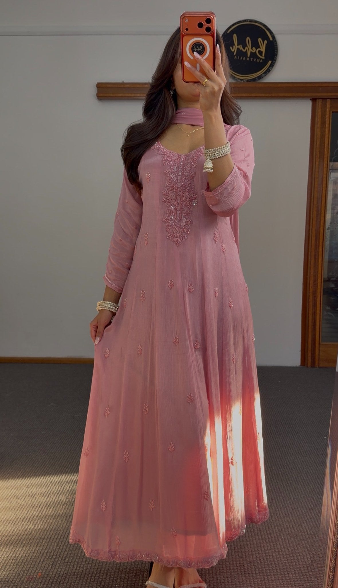 Dusty rose Anarkali gown with floral embroidered motifs, embellished neckline and matching sheer dupatta — Behuli Australia — view 4