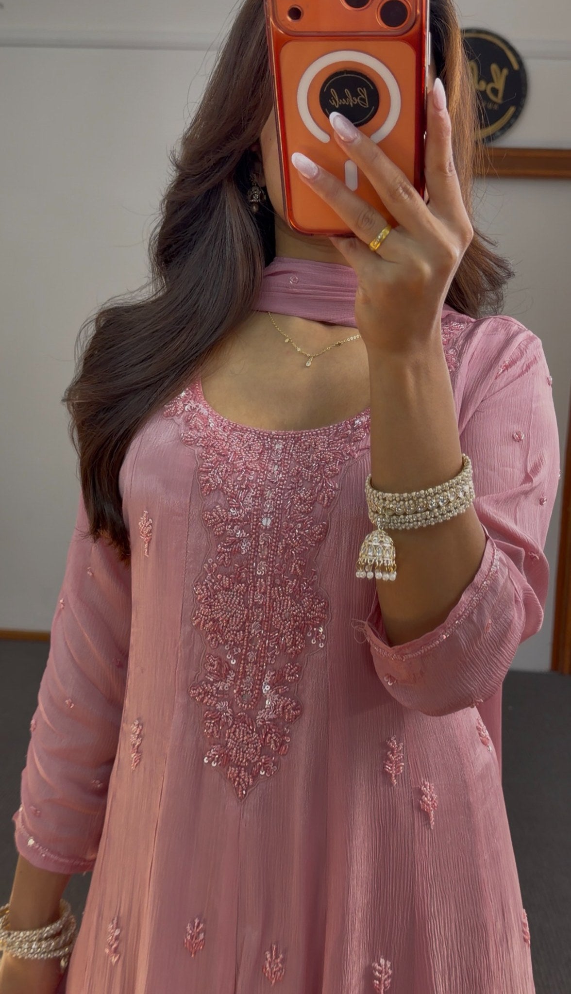 Dusty rose Anarkali gown with floral embroidered motifs, embellished neckline and matching sheer dupatta — Behuli Australia — view 5