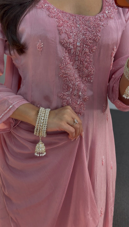 Dusty rose Anarkali gown with floral embroidered motifs, embellished neckline and matching sheer dupatta — Behuli Australia — view 6