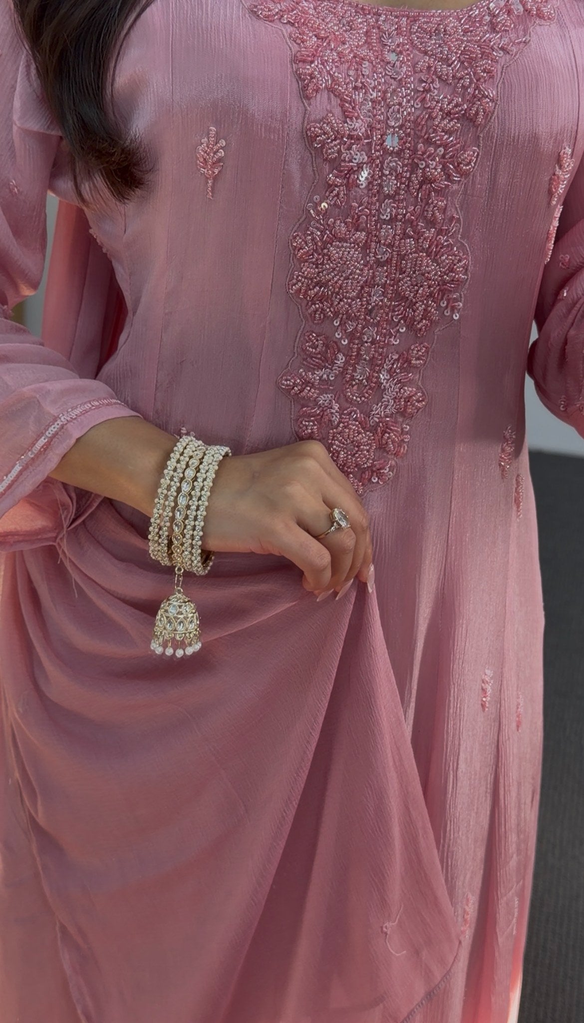 Dusty rose Anarkali gown with floral embroidered motifs, embellished neckline and matching sheer dupatta — Behuli Australia — view 7