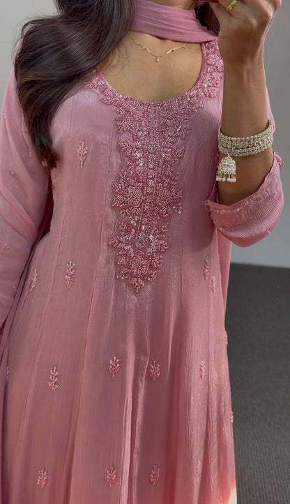 Dusty rose Anarkali gown with floral embroidered motifs, embellished neckline and matching sheer dupatta — Behuli Australia — view 8