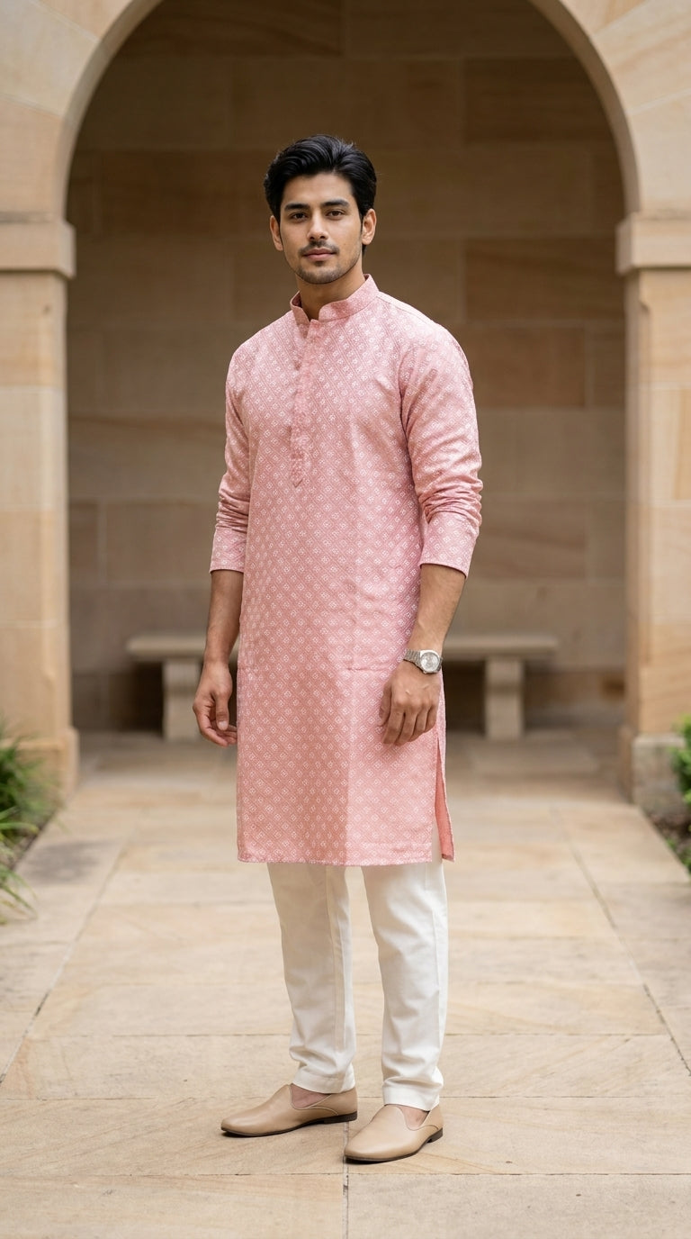 Dusty pink printed men's kurti with mandarin collar and white bottoms, styled with brown loafers — Behuli Australia — view 2