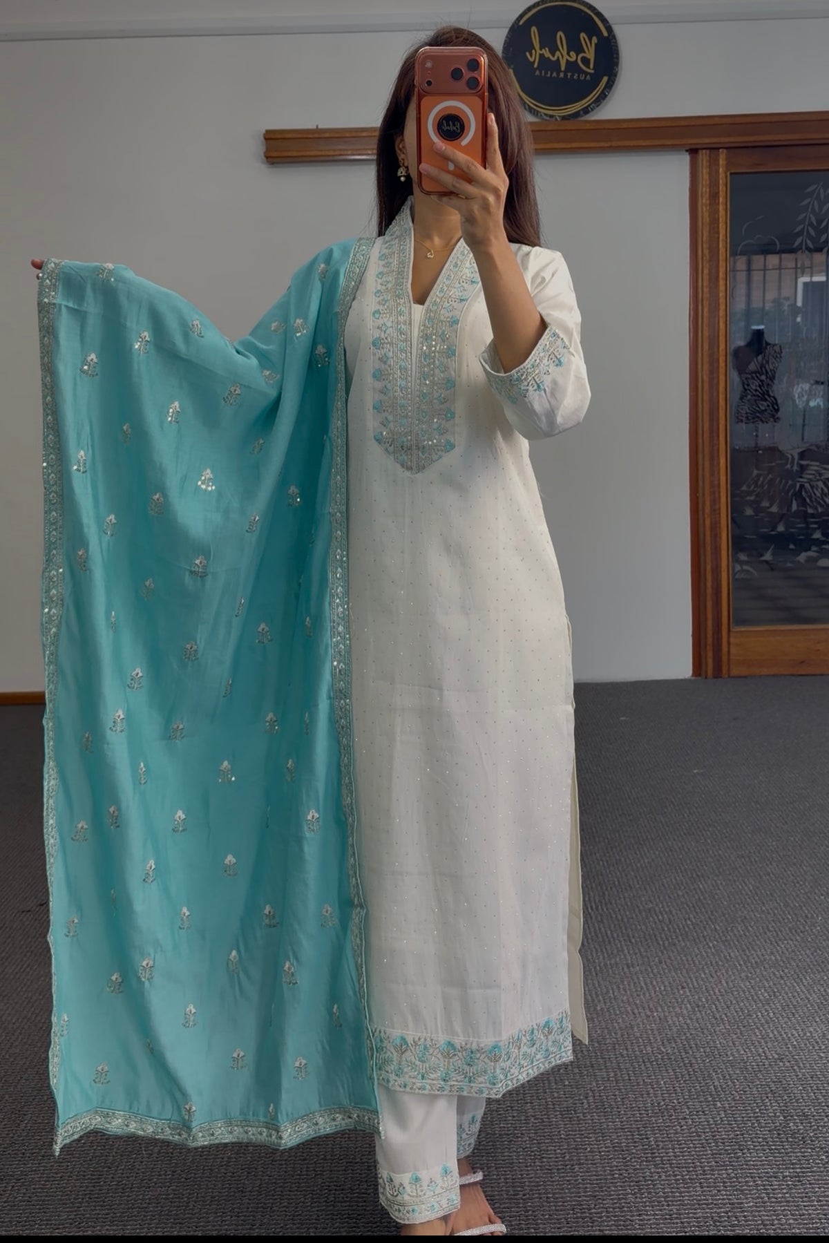Ivory kurti set with turquoise floral embroidery, sequin detailing and matching embroidered dupatta by Behuli Australia