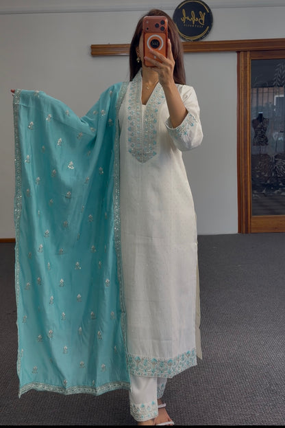 Ivory kurti set with turquoise floral embroidery, sequin detailing and matching embroidered dupatta by Behuli Australia