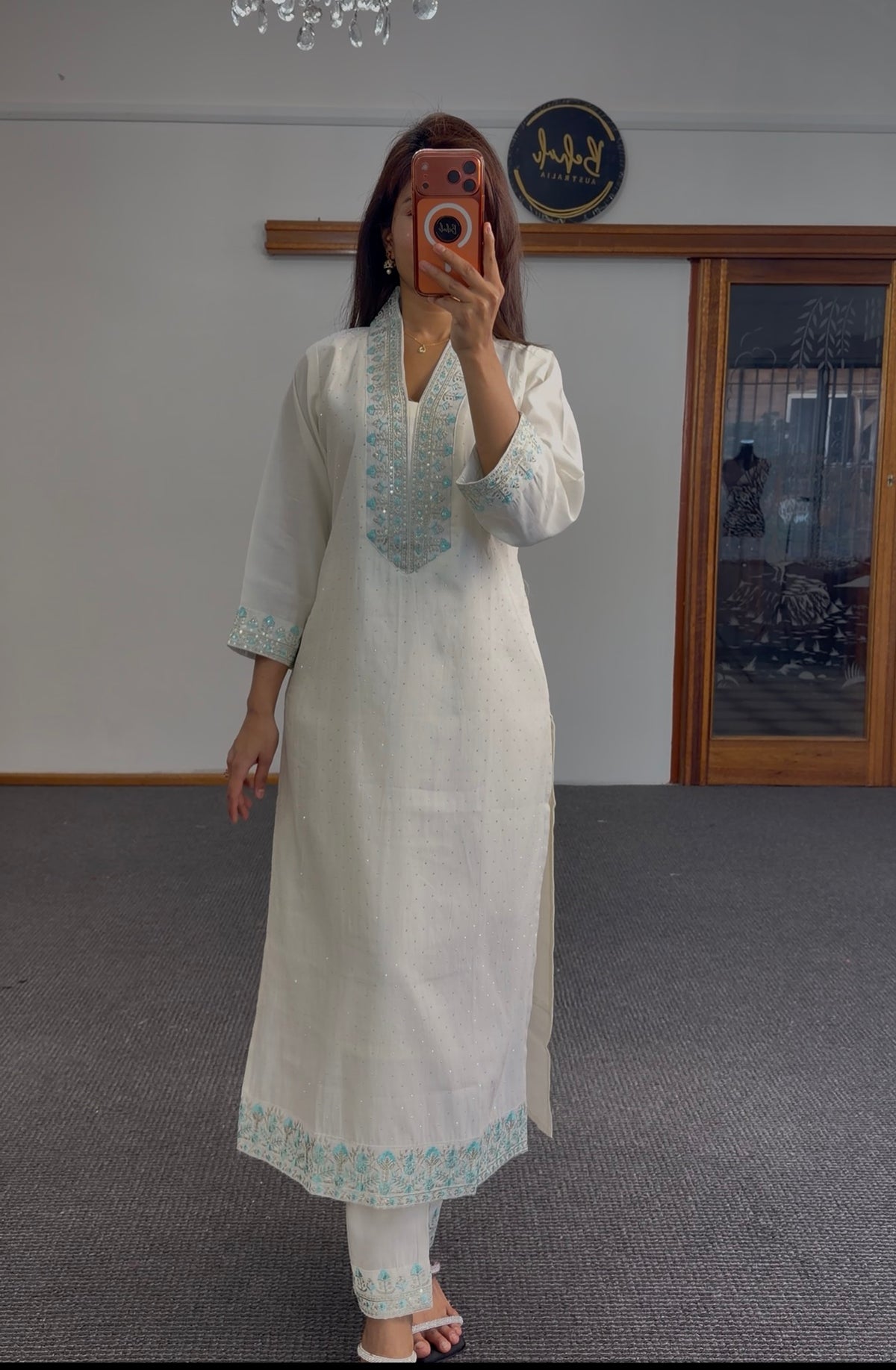 Ivory kurti set with turquoise floral embroidery, sequin detailing and matching embroidered dupatta by Behuli Australia — view 2