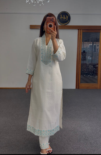 Ivory kurti set with turquoise floral embroidery, sequin detailing and matching embroidered dupatta by Behuli Australia — view 2