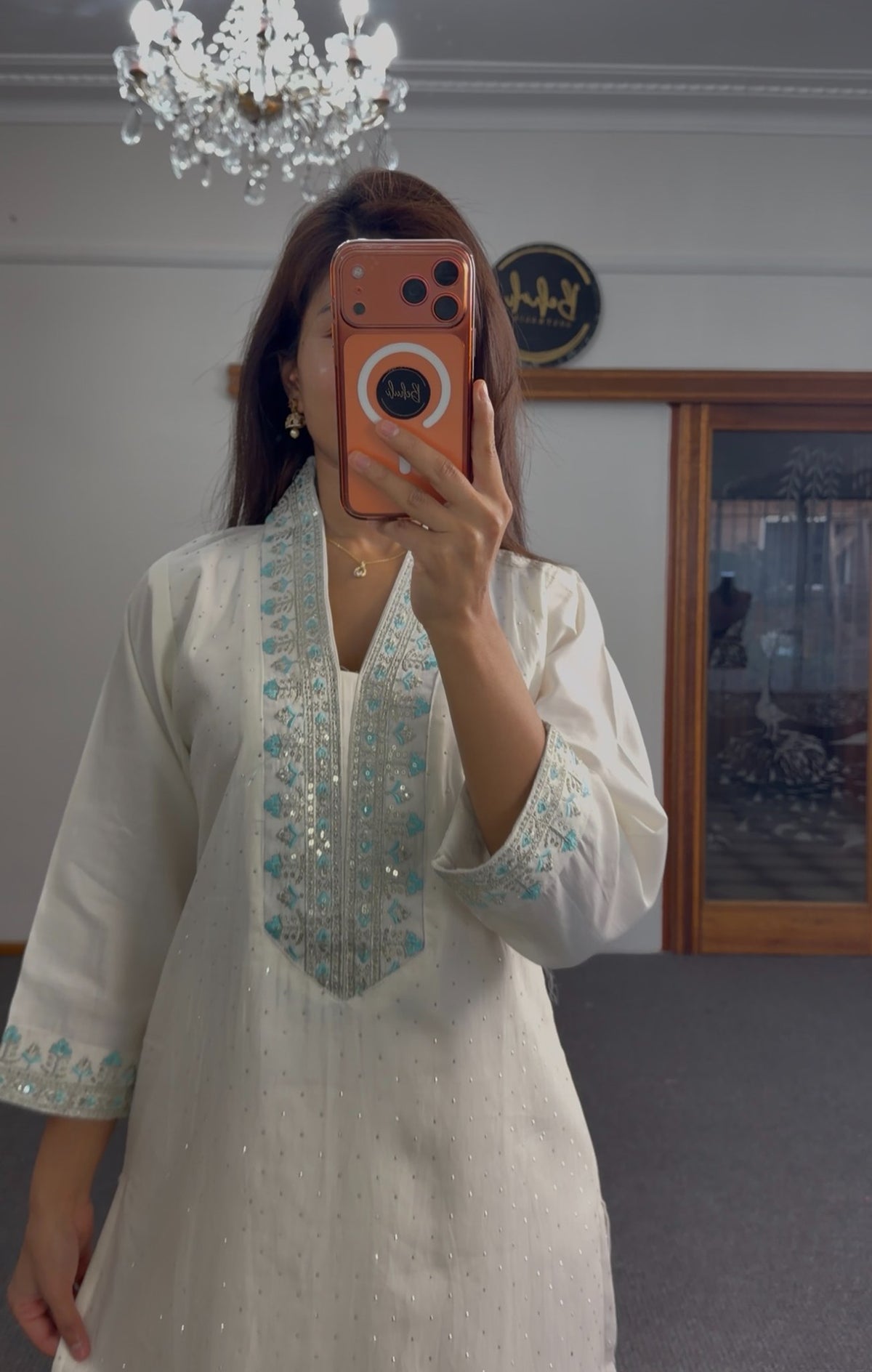 Ivory kurti set with turquoise floral embroidery, sequin detailing and matching embroidered dupatta by Behuli Australia — view 3