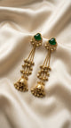 Gold & Green Stone Jhumka Earrings with Bell Tassels