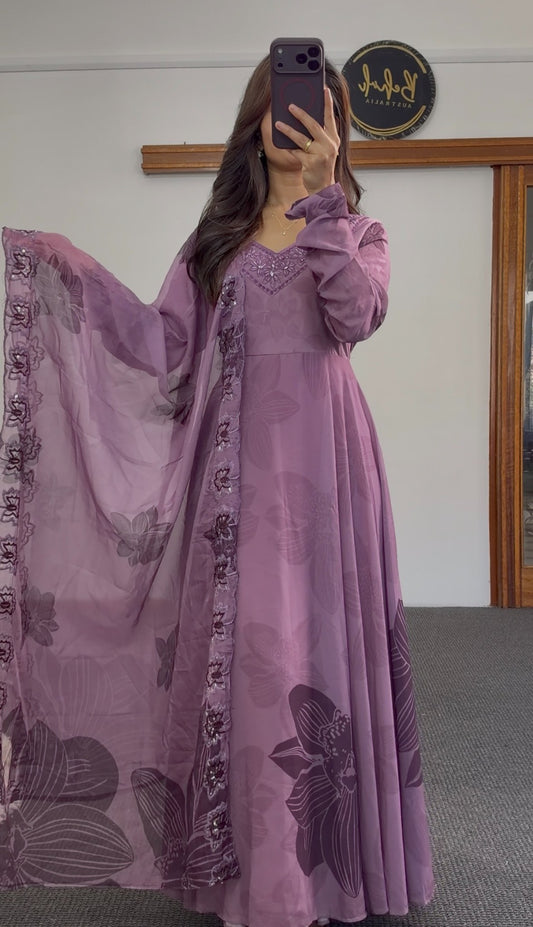 Mauve purple floral print Anarkali dress with embroidered sequin dupatta trim — Behuli Australia