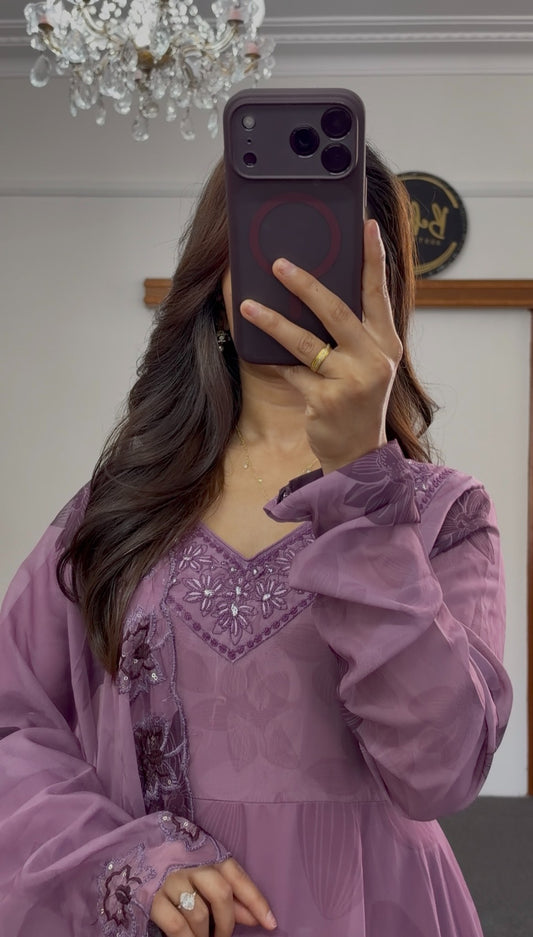 Mauve purple floral print Anarkali dress with embroidered sequin dupatta trim — Behuli Australia — view 2