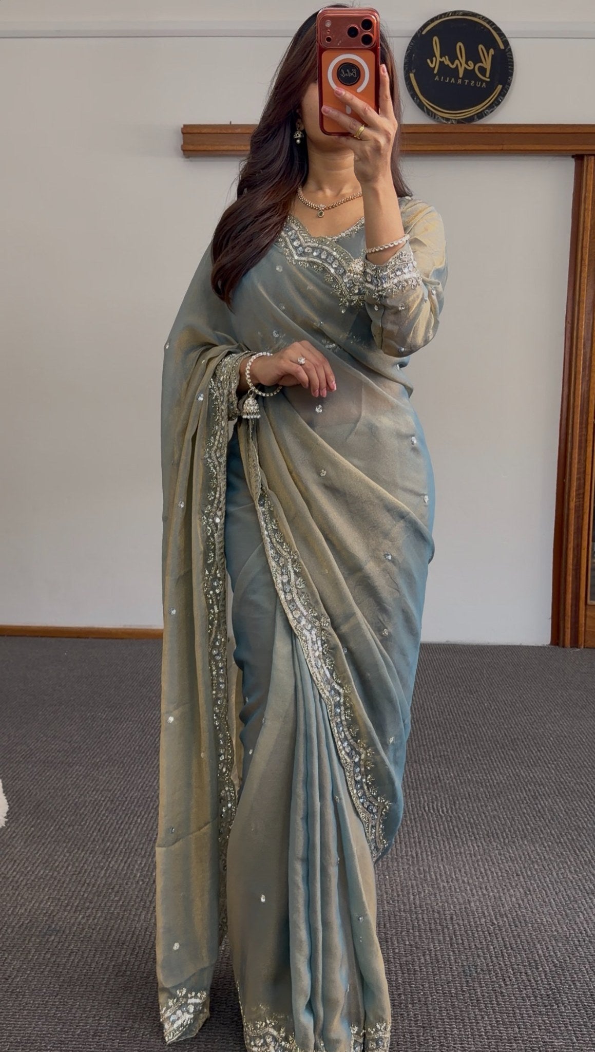 Sage grey saree with sequin and stone embroidered border draped elegantly, styled with matching blouse — Behuli Australia