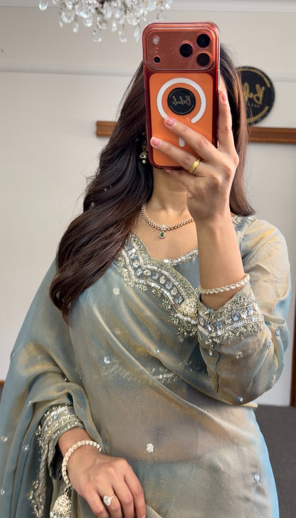 Sage grey saree with sequin and stone embroidered border draped elegantly, styled with matching blouse — Behuli Australia — view 2