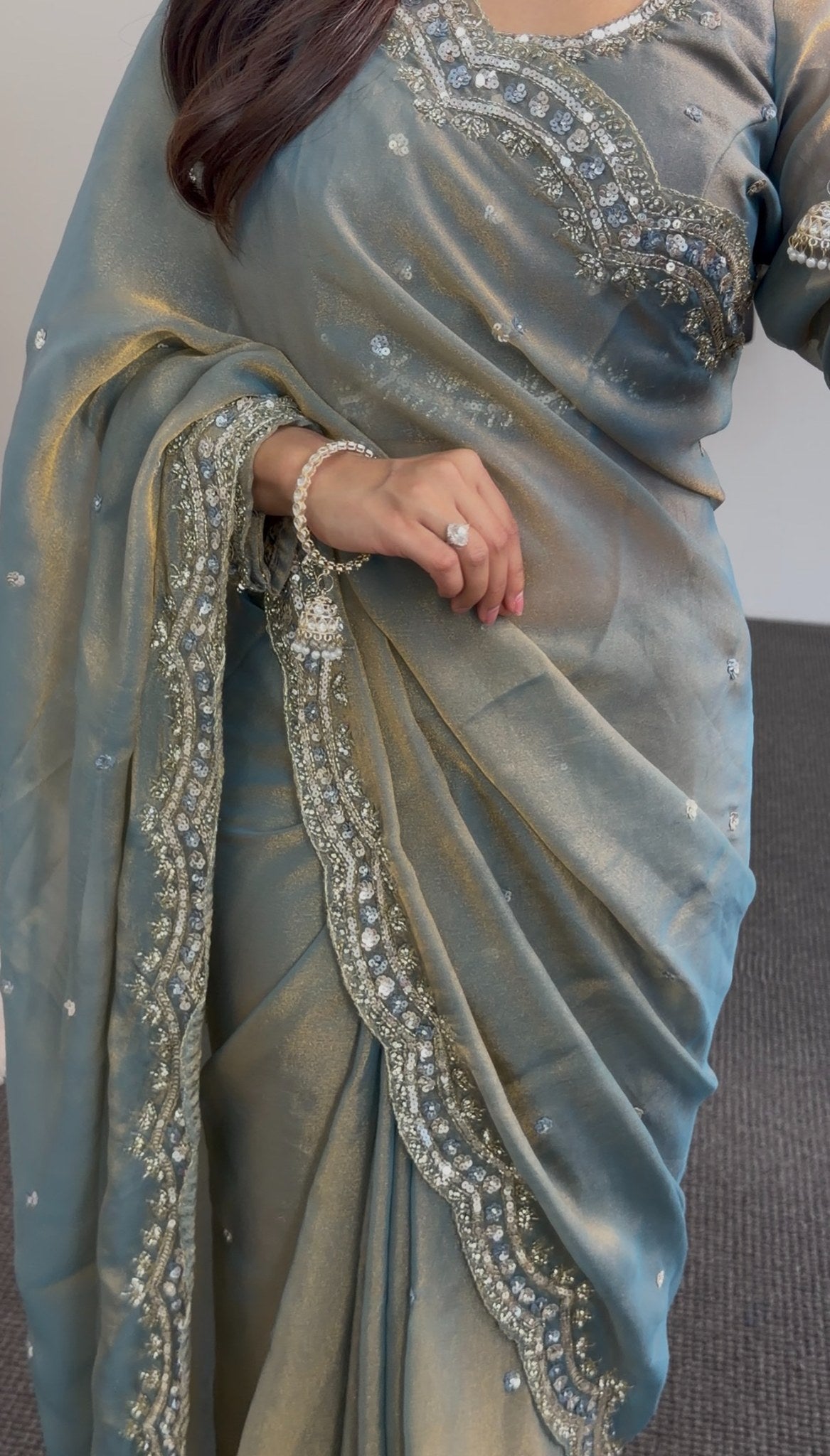 Sage grey saree with sequin and stone embroidered border draped elegantly, styled with matching blouse — Behuli Australia — view 3