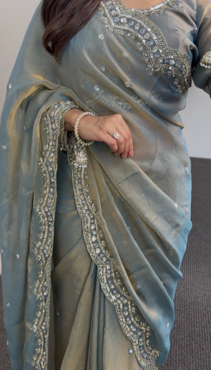 Sage grey saree with sequin and stone embroidered border draped elegantly, styled with matching blouse — Behuli Australia — view 3