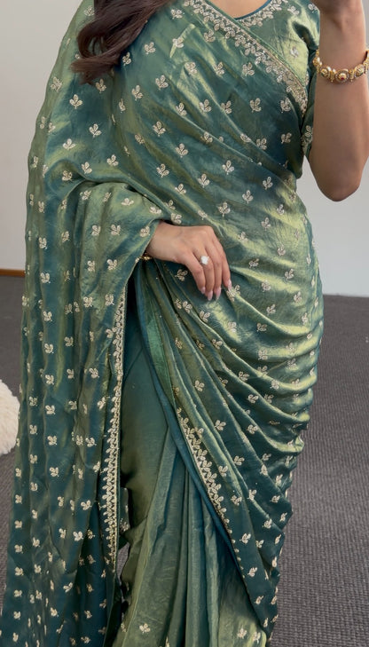 Sage green saree with Sworski crystal detailing and gold leaf motif embroidery, draped with matching pallu — Behuli Australia — view 3