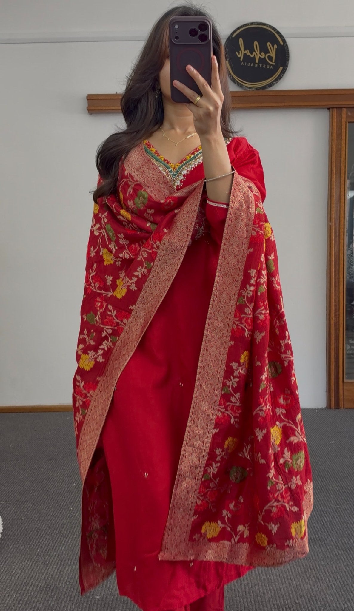 Red kurti set with sequin embroidered neckline paired with a red and gold floral Banarasi-style dupatta — view 3