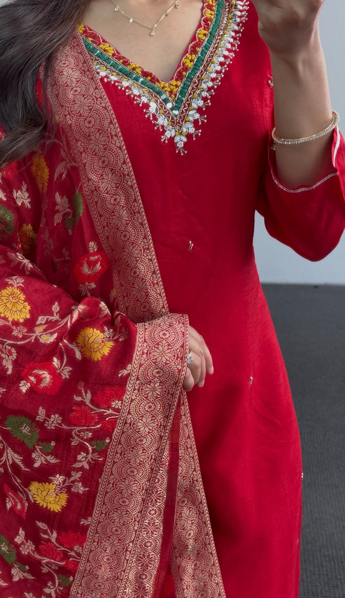 Red kurti set with sequin embroidered neckline paired with a red and gold floral Banarasi-style dupatta — view 4