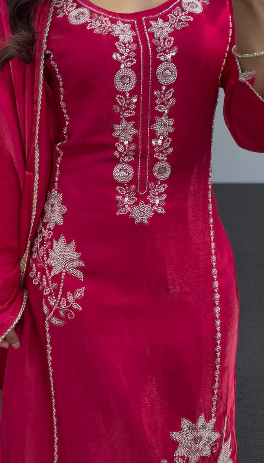 Fuchsia pink kurti set with floral embroidery, straight silhouette, matching dupatta and trousers by Behuli Australia — view 2
