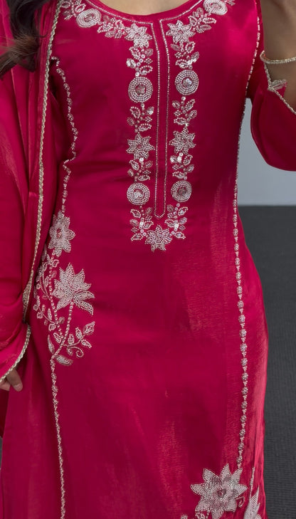 Fuchsia pink kurti set with floral embroidery, straight silhouette, matching dupatta and trousers by Behuli Australia — view 2