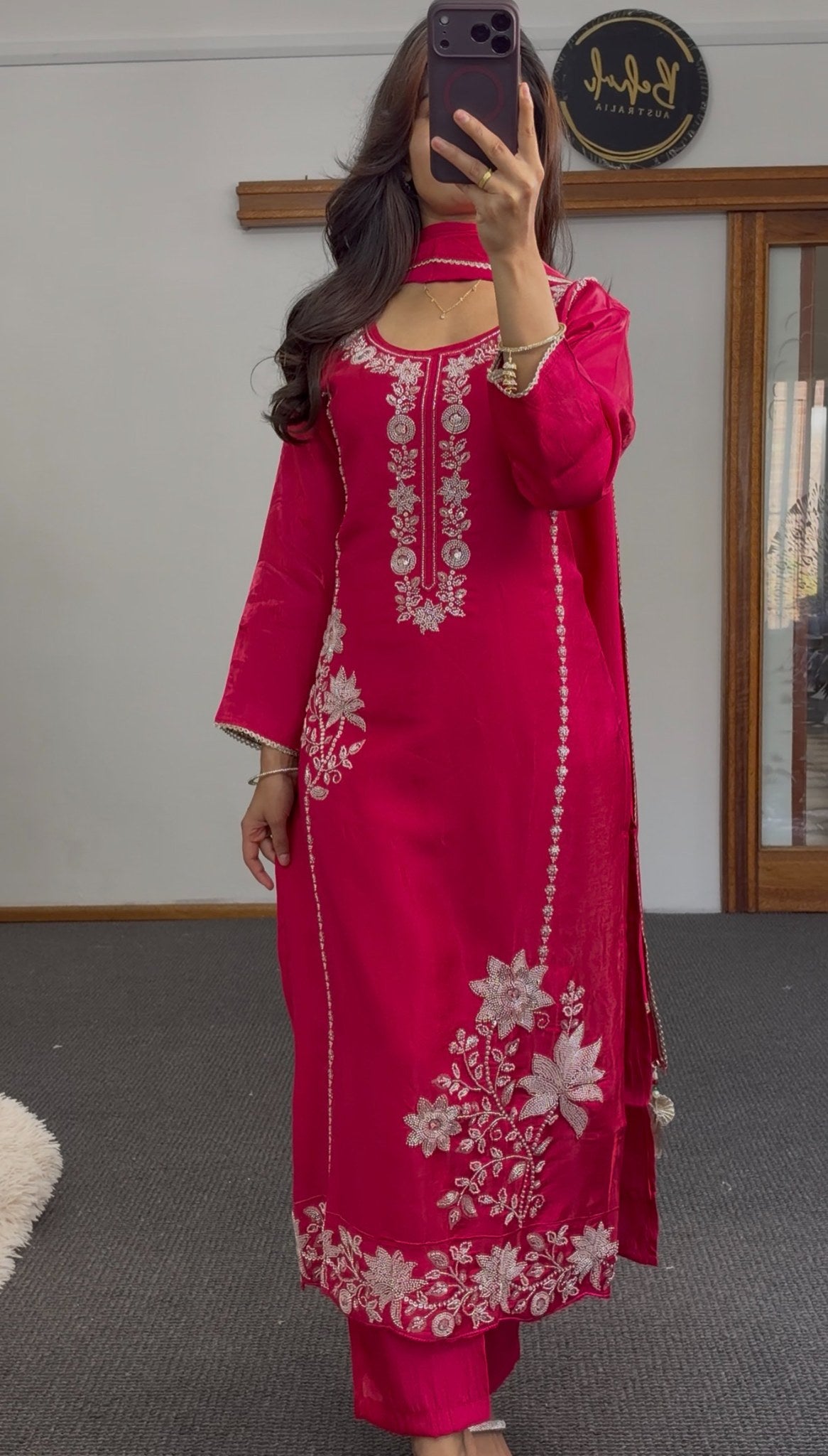 Fuchsia pink kurti set with floral embroidery, straight silhouette, matching dupatta and trousers by Behuli Australia — view 3
