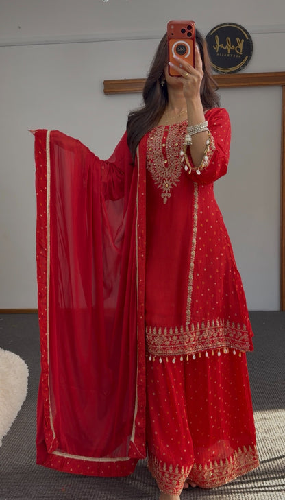 Deep red sharara anarkali suit with gold zari embroidery, woven buti pattern and pearl-drop tassels — Behuli Australia — view 2