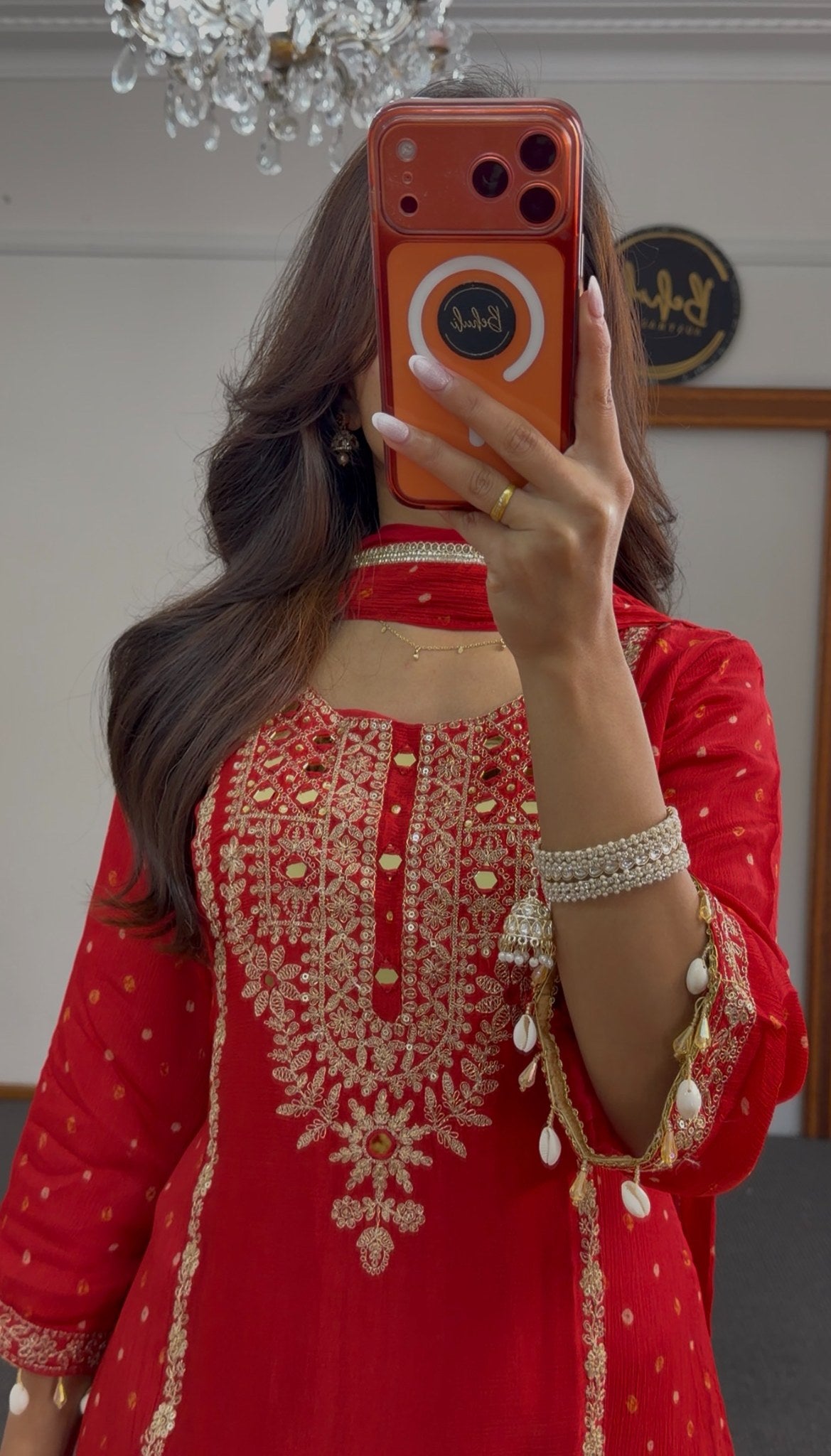 Deep red sharara anarkali suit with gold zari embroidery, woven buti pattern and pearl-drop tassels — Behuli Australia — view 3