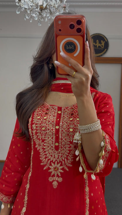 Deep red sharara anarkali suit with gold zari embroidery, woven buti pattern and pearl-drop tassels — Behuli Australia — view 3