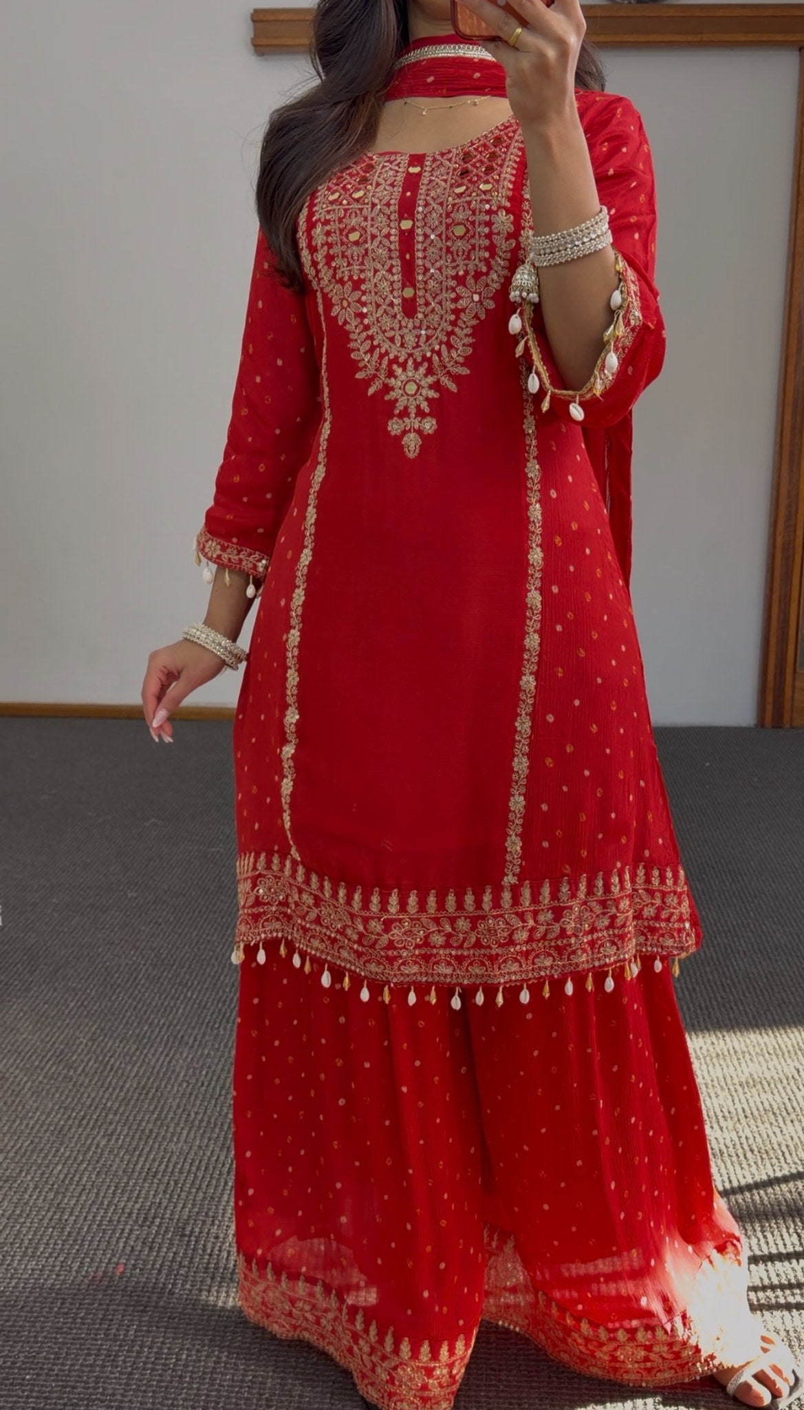 Deep red sharara anarkali suit with gold zari embroidery, woven buti pattern and pearl-drop tassels — Behuli Australia — view 5