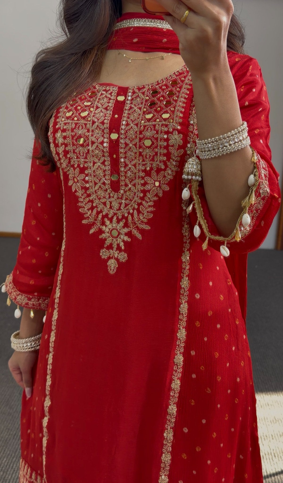 Deep red sharara anarkali suit with gold zari embroidery, woven buti pattern and pearl-drop tassels — Behuli Australia — view 6