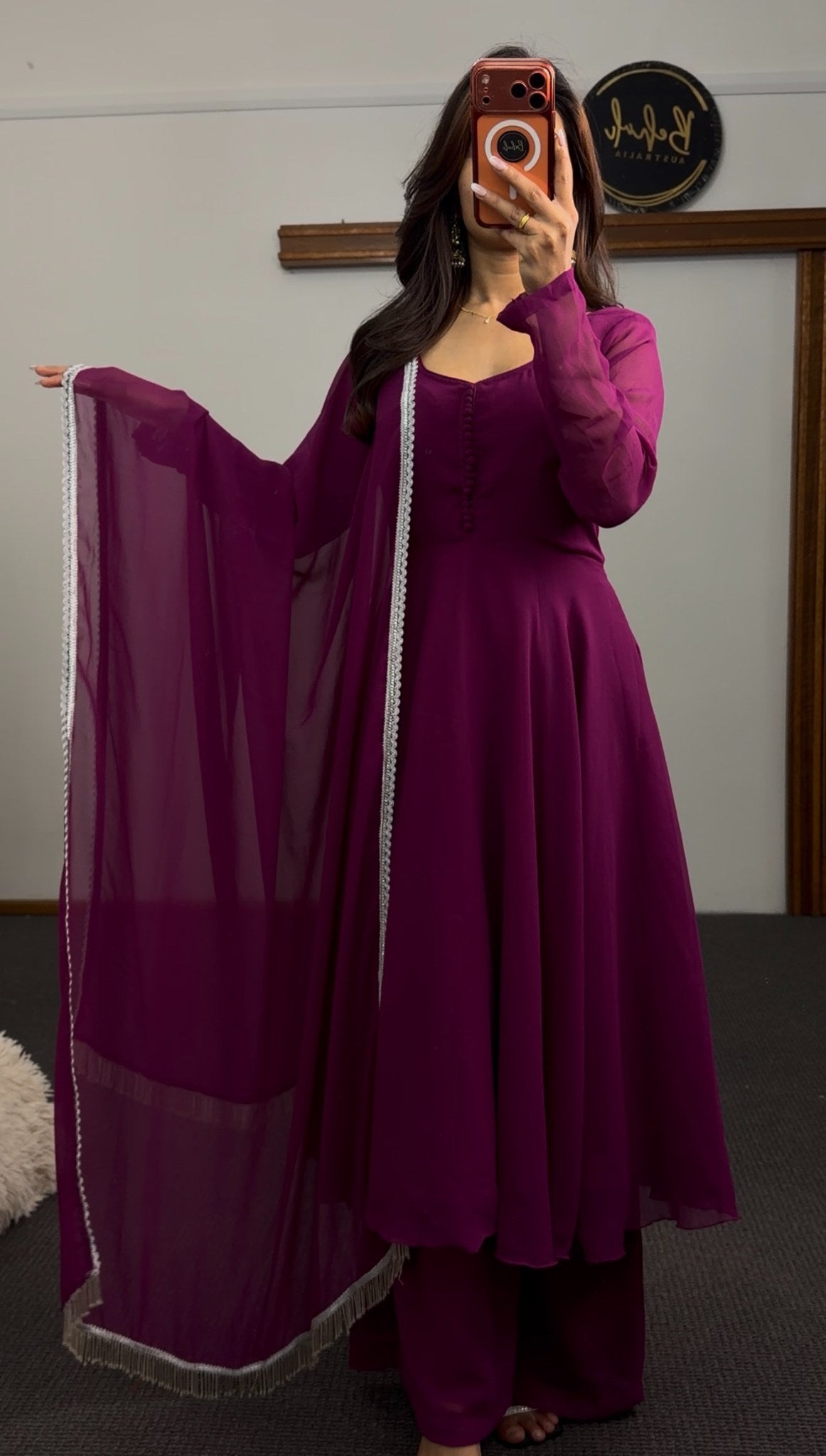 Deep magenta Anarkali suit set with sheer full sleeves, lace-trimmed dupatta and matching palazzo pants — Behuli Australia