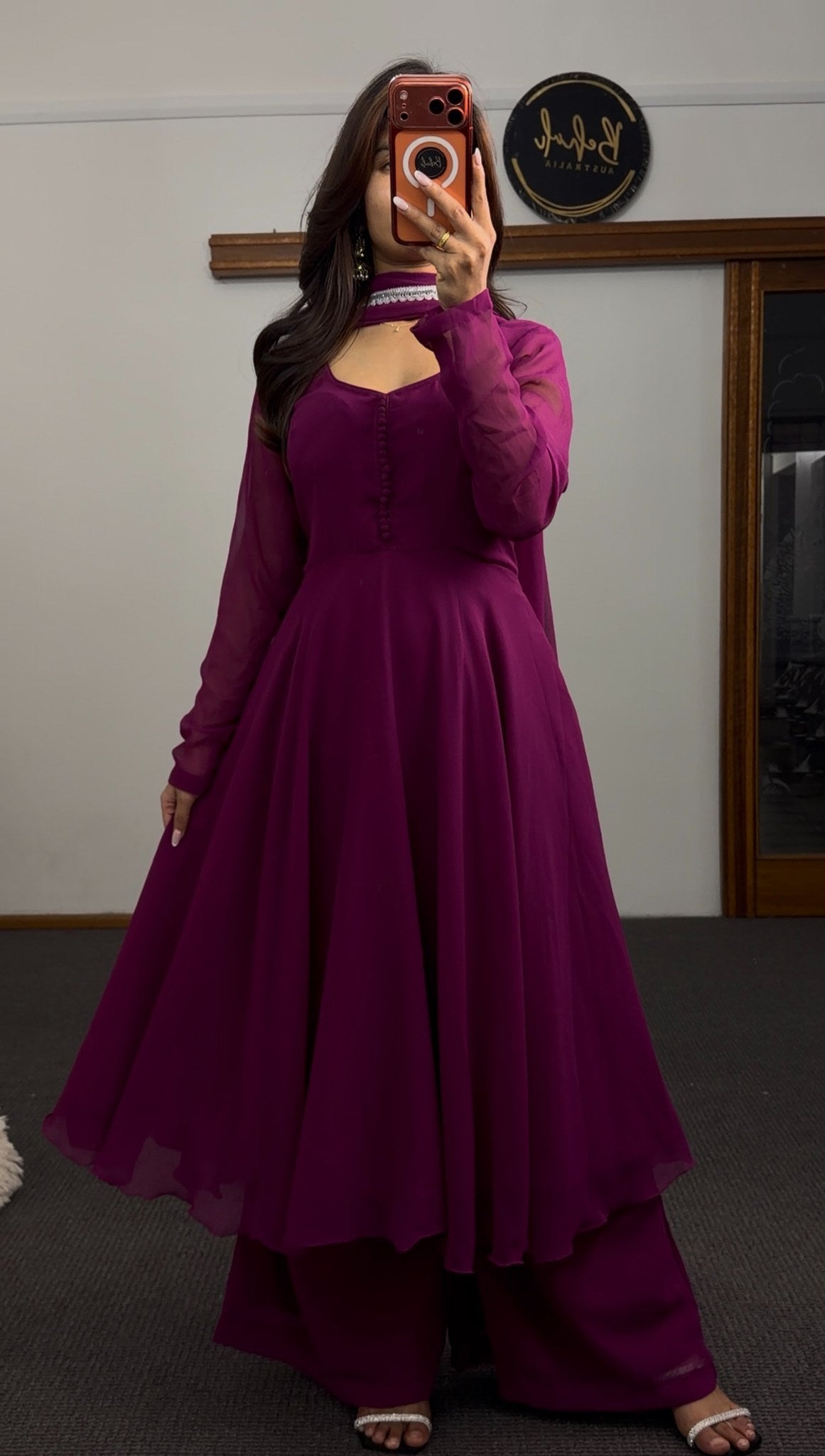 Deep magenta Anarkali suit set with sheer full sleeves, lace-trimmed dupatta and matching palazzo pants — Behuli Australia — view 2