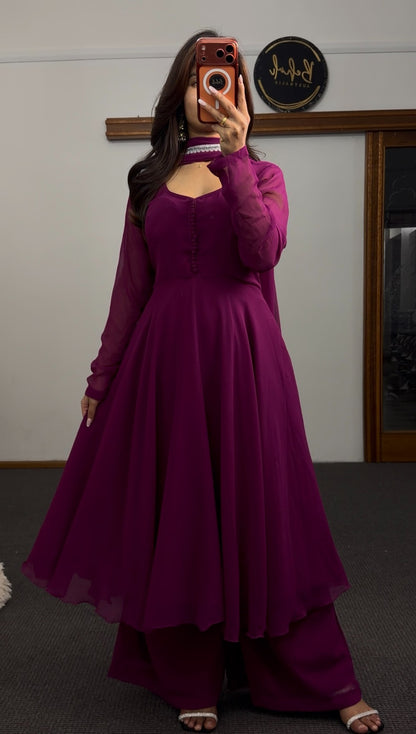 Deep magenta Anarkali suit set with sheer full sleeves, lace-trimmed dupatta and matching palazzo pants — Behuli Australia — view 2