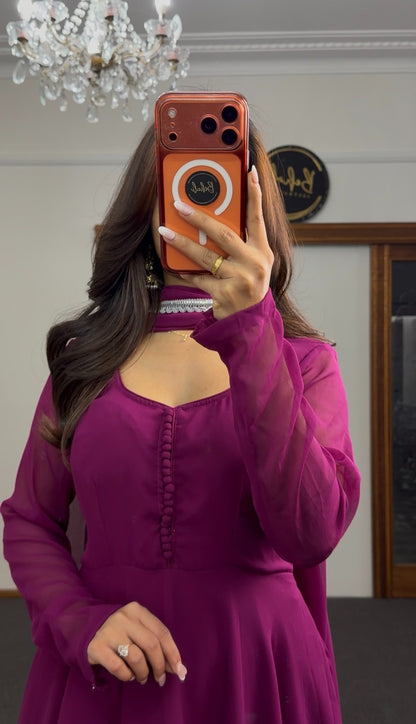 Deep magenta Anarkali suit set with sheer full sleeves, lace-trimmed dupatta and matching palazzo pants — Behuli Australia — view 3