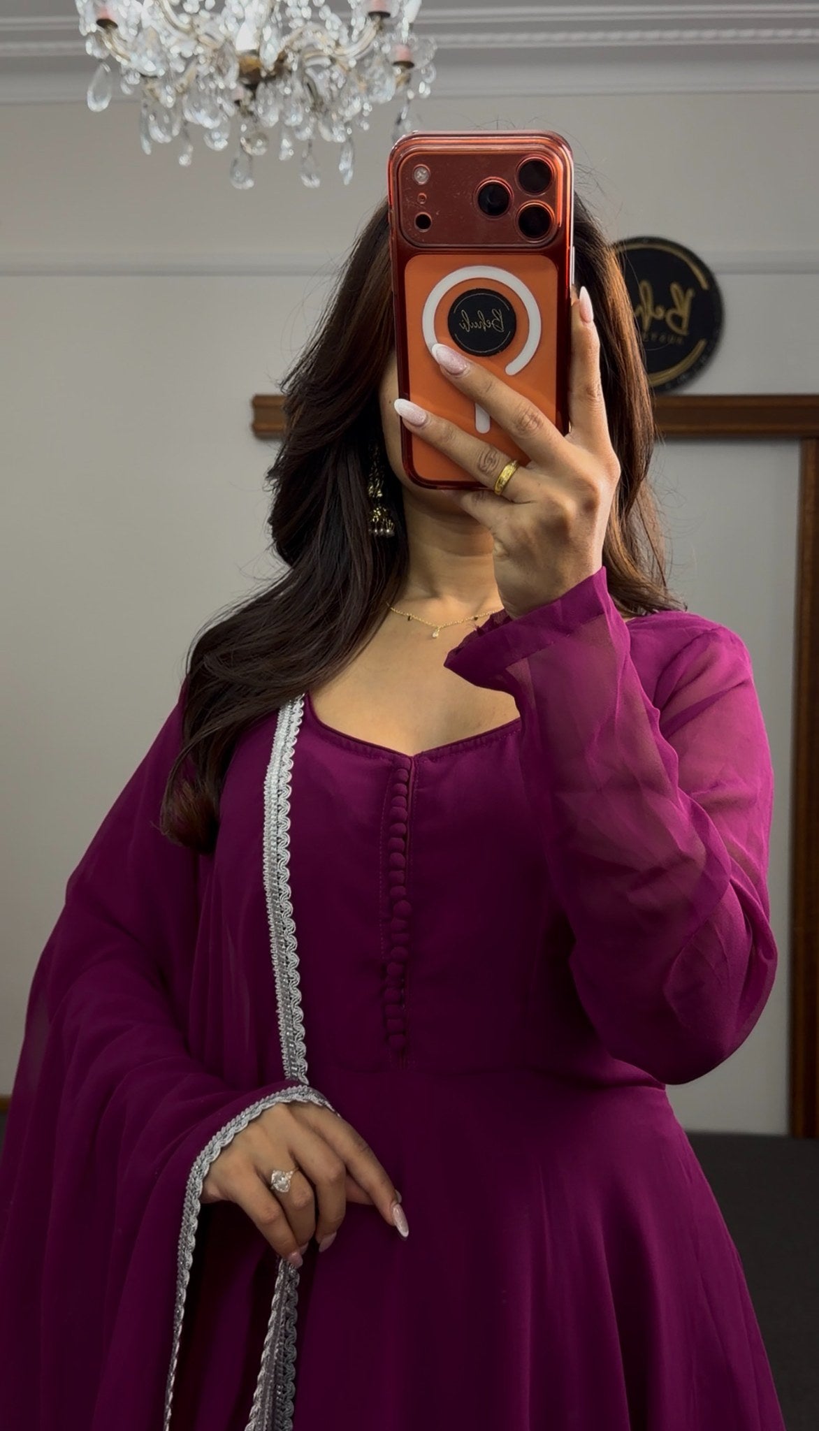 Deep magenta Anarkali suit set with sheer full sleeves, lace-trimmed dupatta and matching palazzo pants — Behuli Australia — view 4
