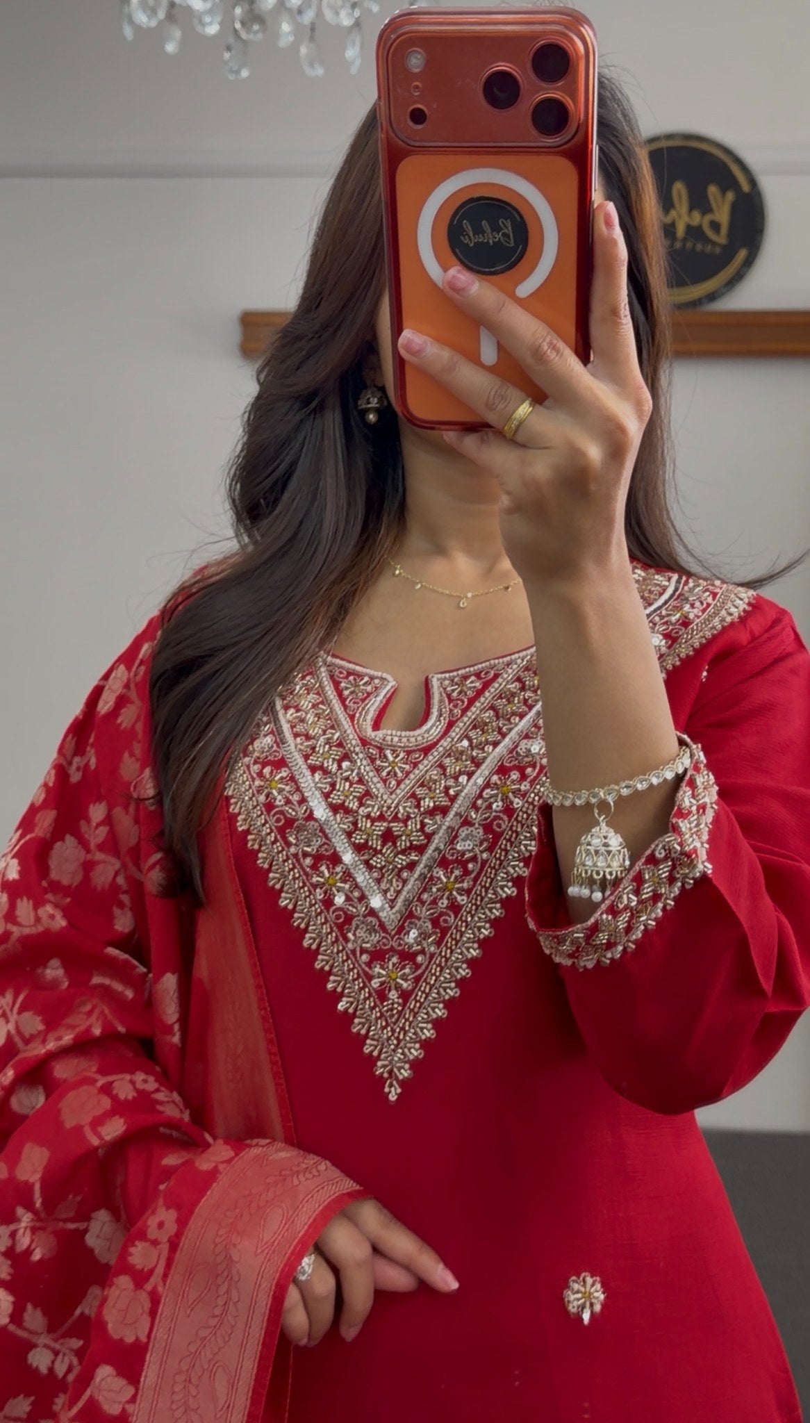 Red kurti set with gold embroidery at neckline, floral motifs, and matching woven red dupatta by Behuli Australia — view 2