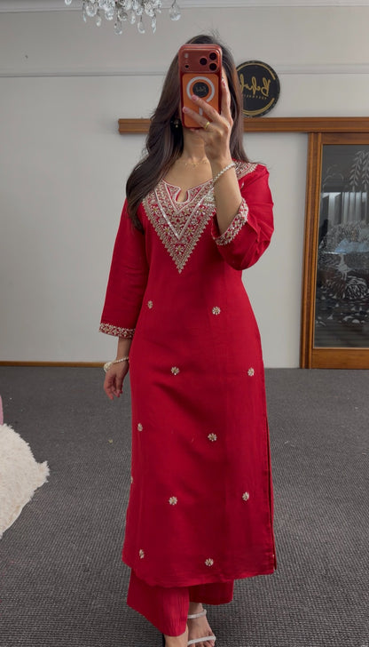 Red kurti set with gold embroidery at neckline, floral motifs, and matching woven red dupatta by Behuli Australia — view 3