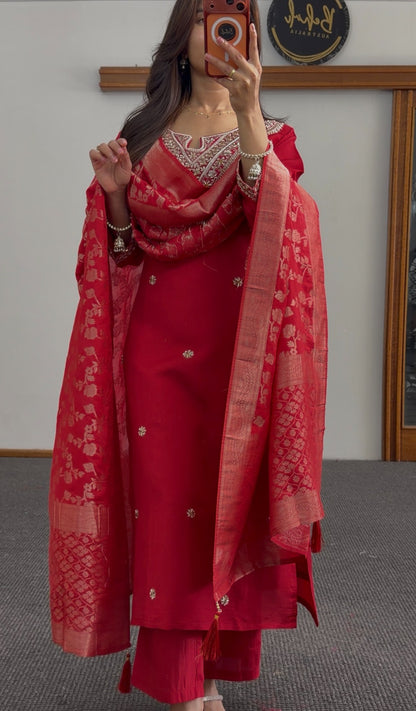 Red kurti set with gold embroidery at neckline, floral motifs, and matching woven red dupatta by Behuli Australia — view 4