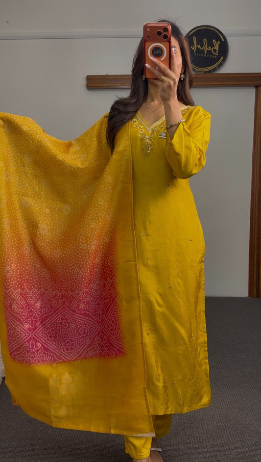 Mustard yellow kurti set with floral sequin neckline embroidery and ombre bandhani dupatta in yellow to fuchsia — Behuli