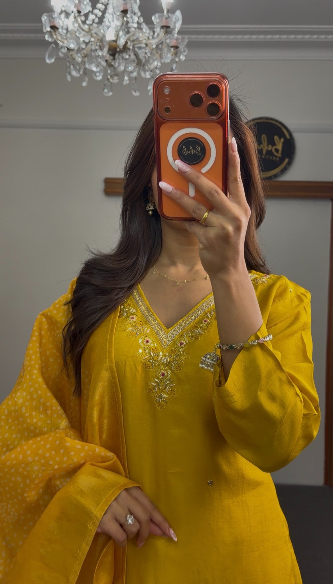 Mustard yellow kurti set with floral sequin neckline embroidery and ombre bandhani dupatta in yellow to fuchsia — Behuli — view 2