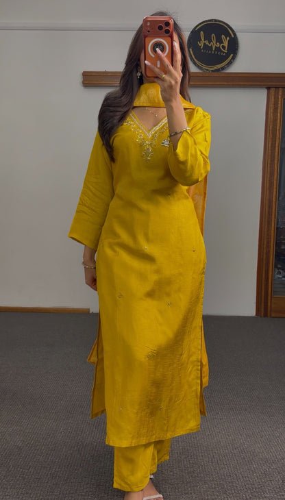 Mustard yellow kurti set with floral sequin neckline embroidery and ombre bandhani dupatta in yellow to fuchsia — Behuli — view 3