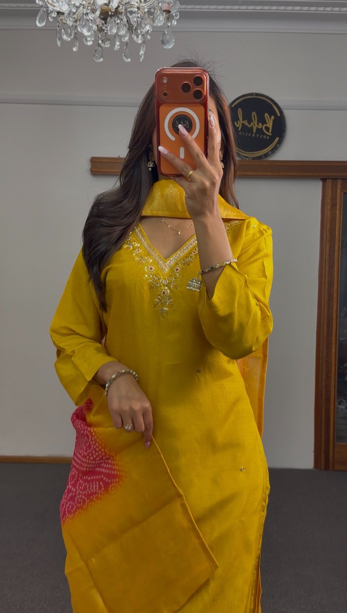 Mustard yellow kurti set with floral sequin neckline embroidery and ombre bandhani dupatta in yellow to fuchsia — Behuli — view 4