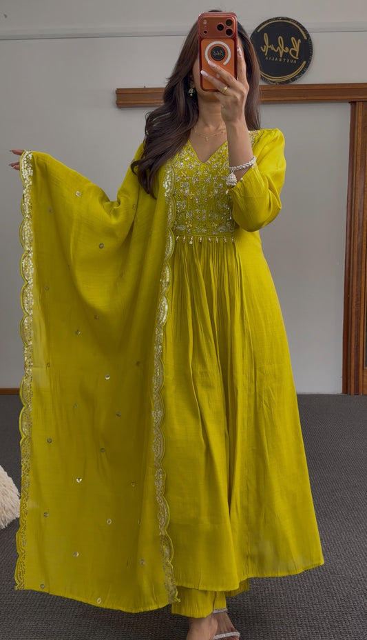Lime yellow Mal Chanderi Anarkali suit with sequin embroidery bodice and matching sequin-bordered dupatta