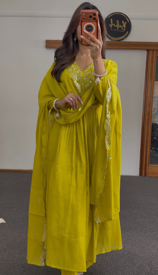Lime yellow Mal Chanderi Anarkali suit with sequin embroidery bodice and matching sequin-bordered dupatta — view 2