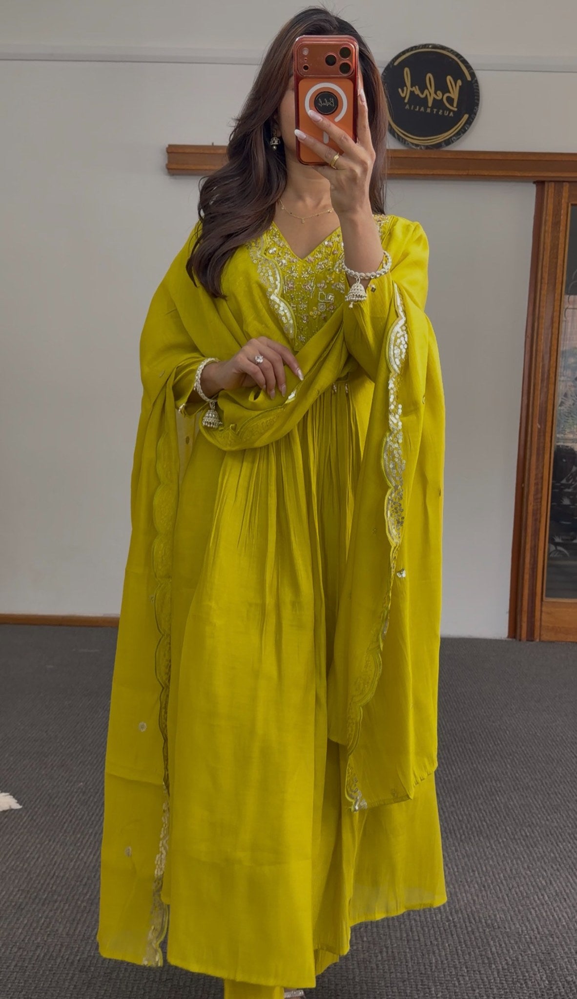 Lime yellow Mal Chanderi Anarkali suit with sequin embroidery bodice and matching sequin-bordered dupatta — view 2