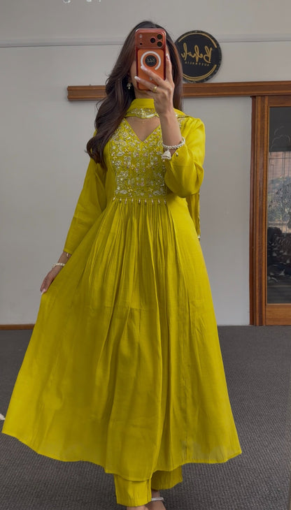 Lime yellow Mal Chanderi Anarkali suit with sequin embroidery bodice and matching sequin-bordered dupatta — view 3