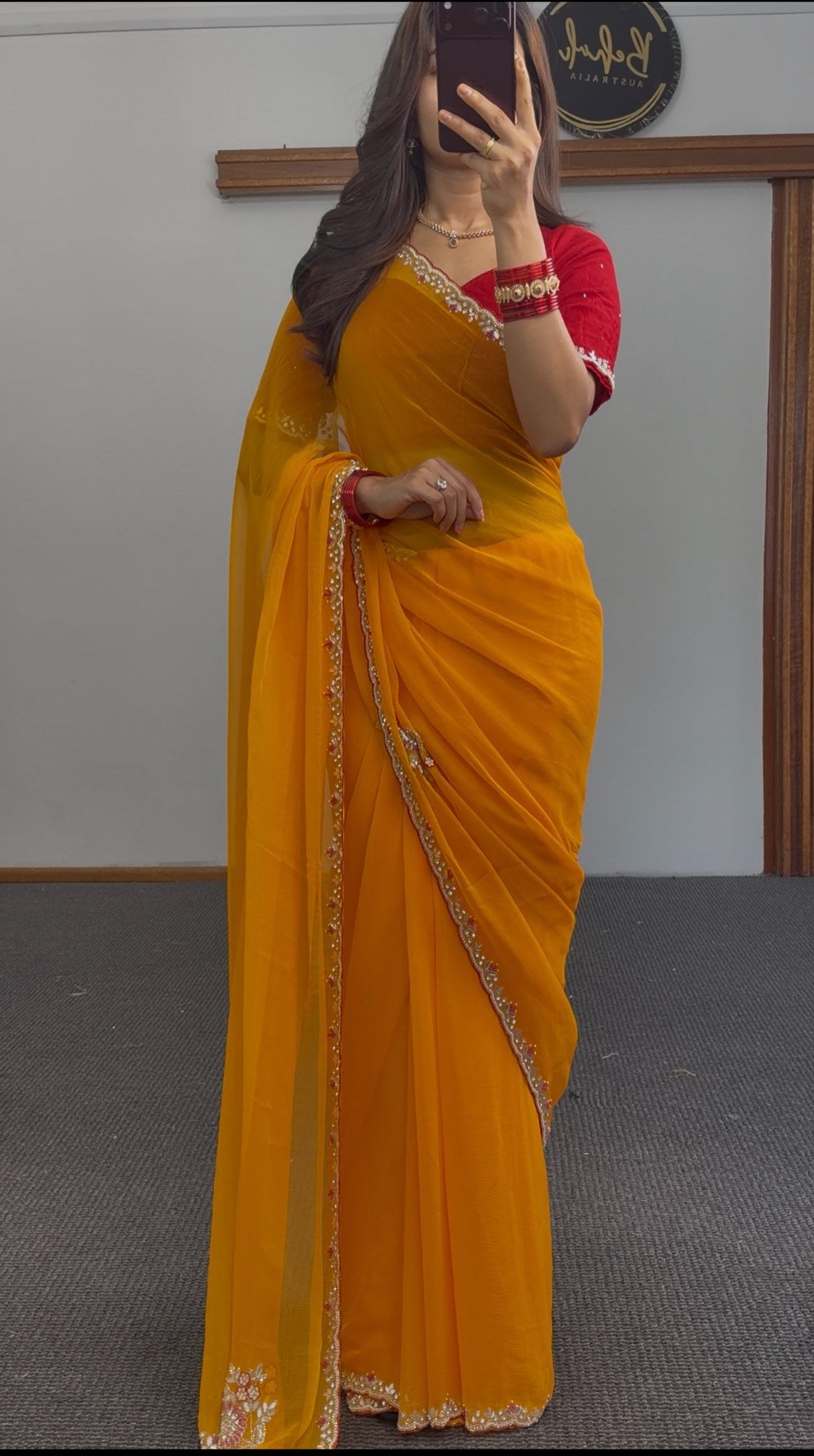 Mustard yellow georgette saree with pearl border embroidery and red embroidered blouse — Behuli Australia